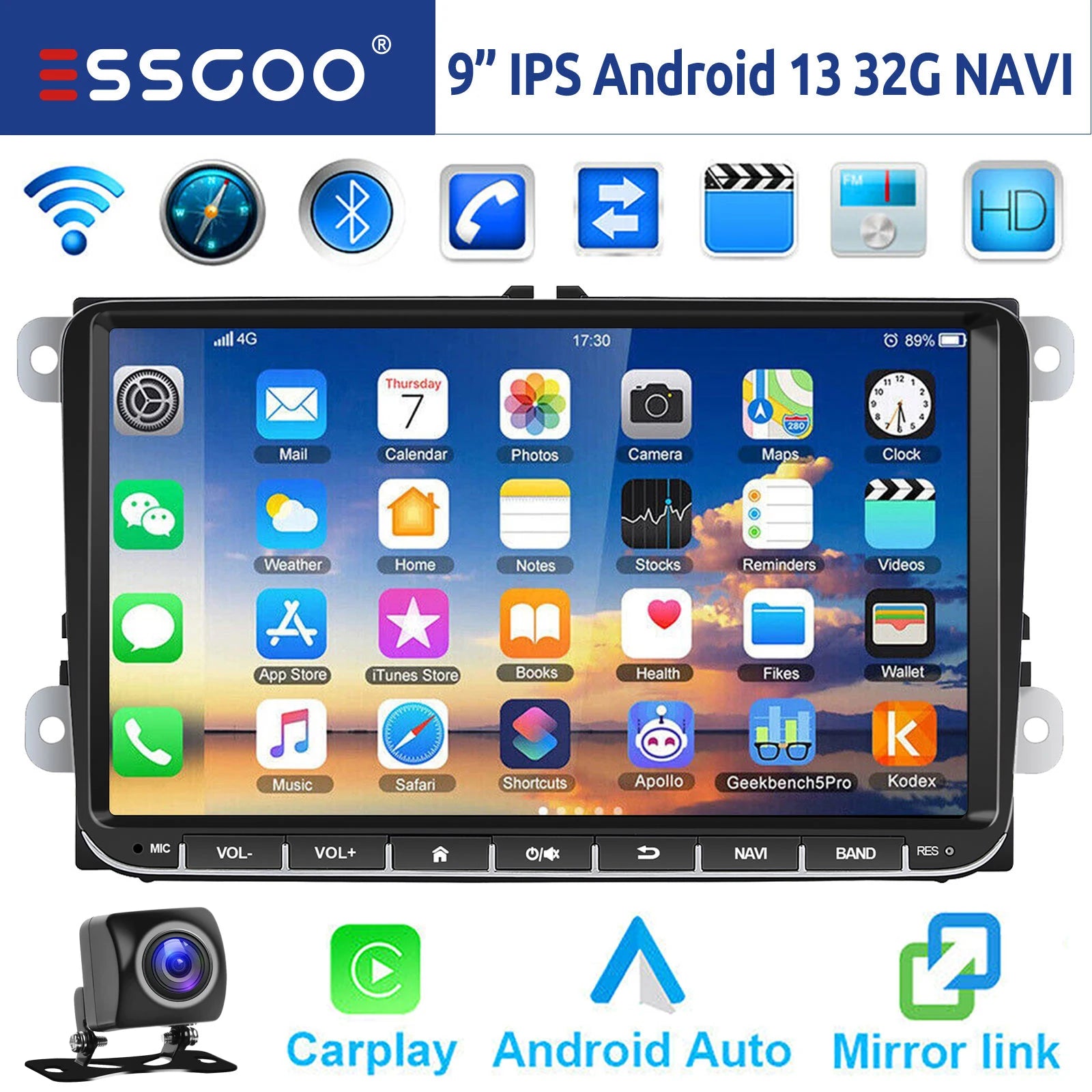 ESSGOO 9" Android 14 4G+64G Apple Carplay Car Stereo GPS NAVI WIFI RDS FM BT for VW Golf 5 6 Passat Polo Touran Tiguan Caddy EOS