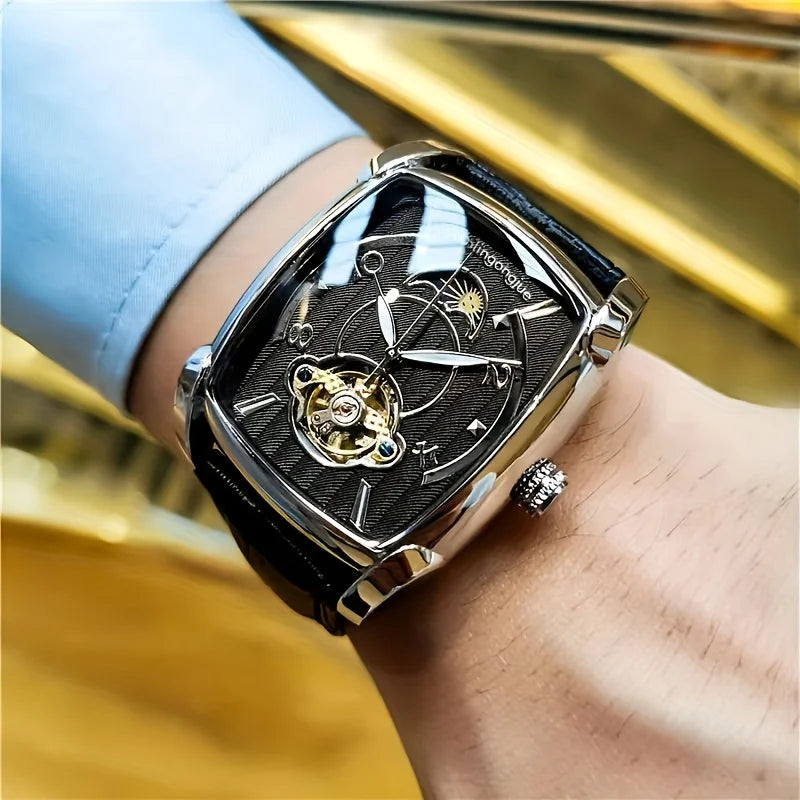 [Luxury Tourbillon Mechanical Watch] Lightweight Luxury Tourbillon Mechanical Watch for Men - Fully Automatic High-End Fashion Trend Skeleton Business Casual Men's Watch - Sun, Moon, Stars, Barrel Shape, Large Dial, Best Gift
