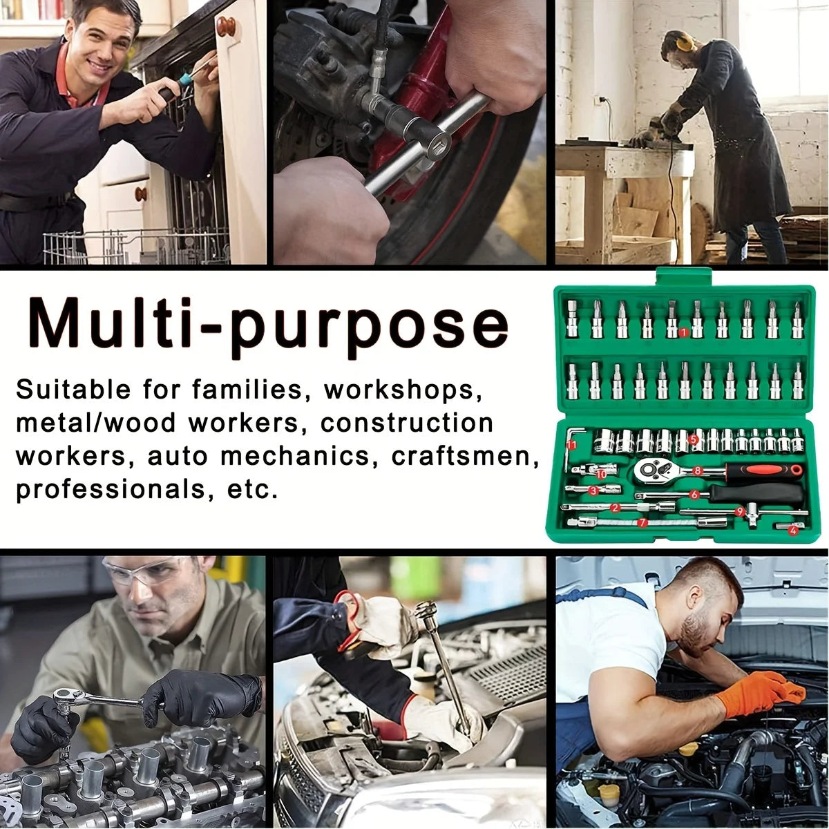 Advanced Car Repair Kit , Green Toolbox, 46pcs Professional Ratchet Set Professional Tool Set, Car Maintenance Essentials