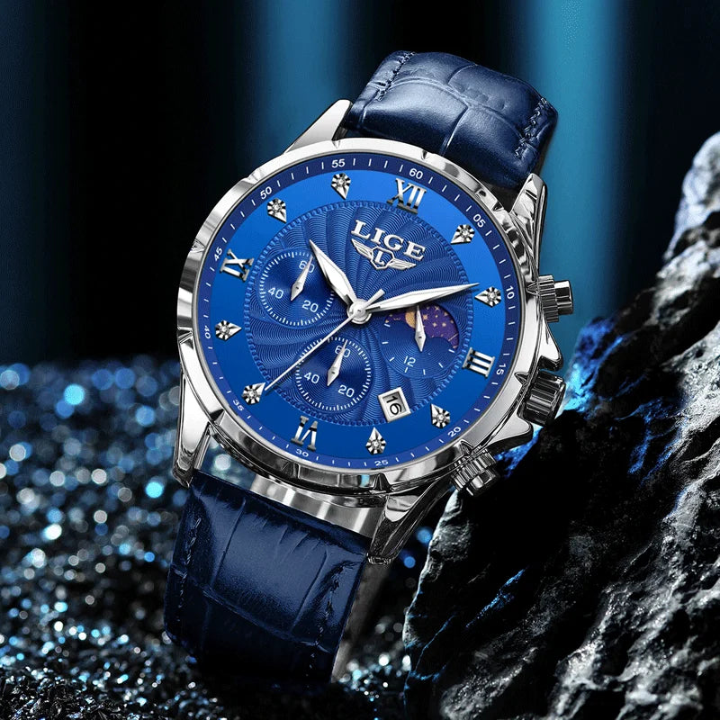 LIGE Fashion Mens Watches Top Brand Luxury Business Quartz Man Wristwatch Luminous Chronograph Leather Watch for Men+Box