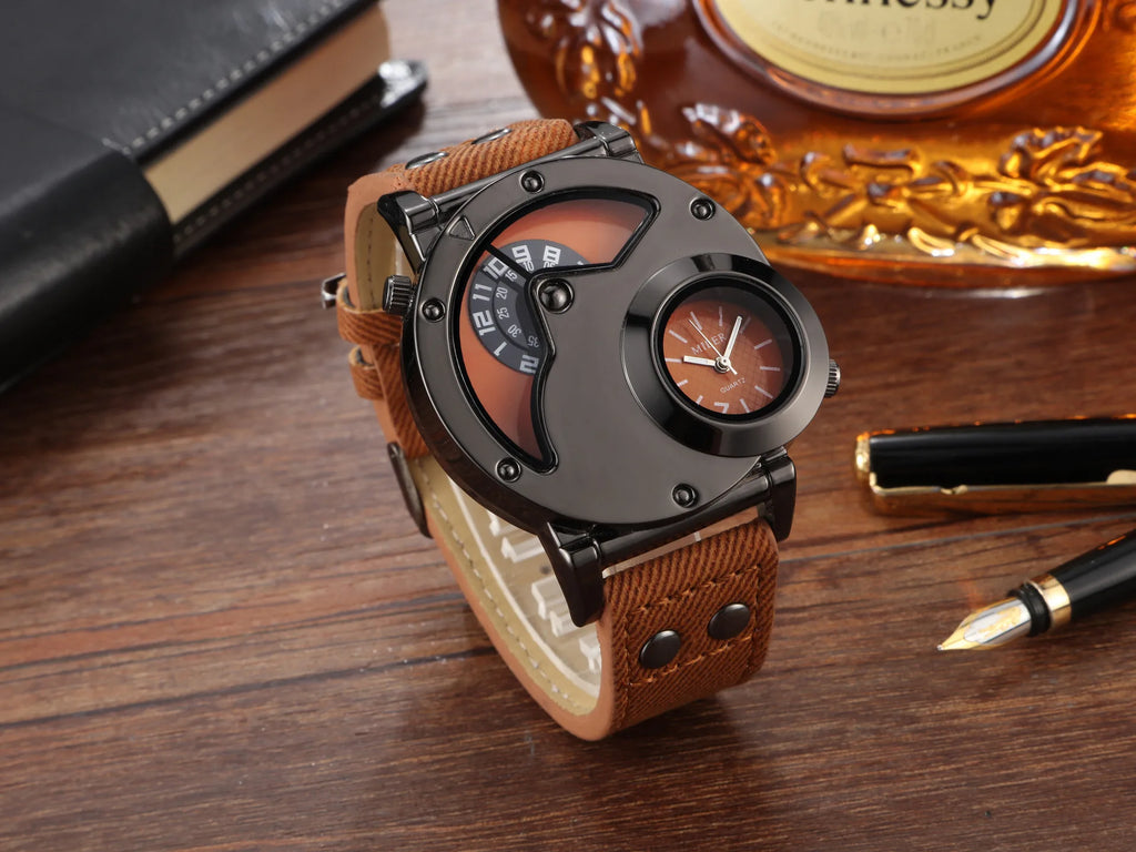 Luxury Men's Quartz Watch - Large Dual Dial Numerals, with Blue or Black Bronze Faux Leather Strap, Alloy Case, Non-Waterproof,