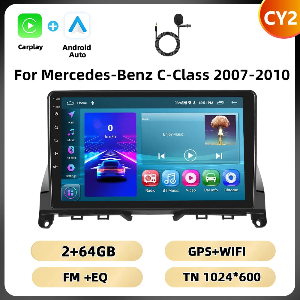 Podofo 2Din 9 ''Car Radio For Mercedes-Benz C-Class W204 S204 2007-2010 Multimedia Player GPS Carplay Android Car DSP BT RDS