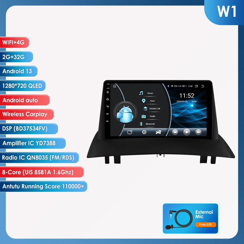 Hizpo Car Intelligent Systems Smart Radio for Renault Megane 2 2002-2009 GPS Wireless CarPlay Android Auto Autoradio 6115 8+128G