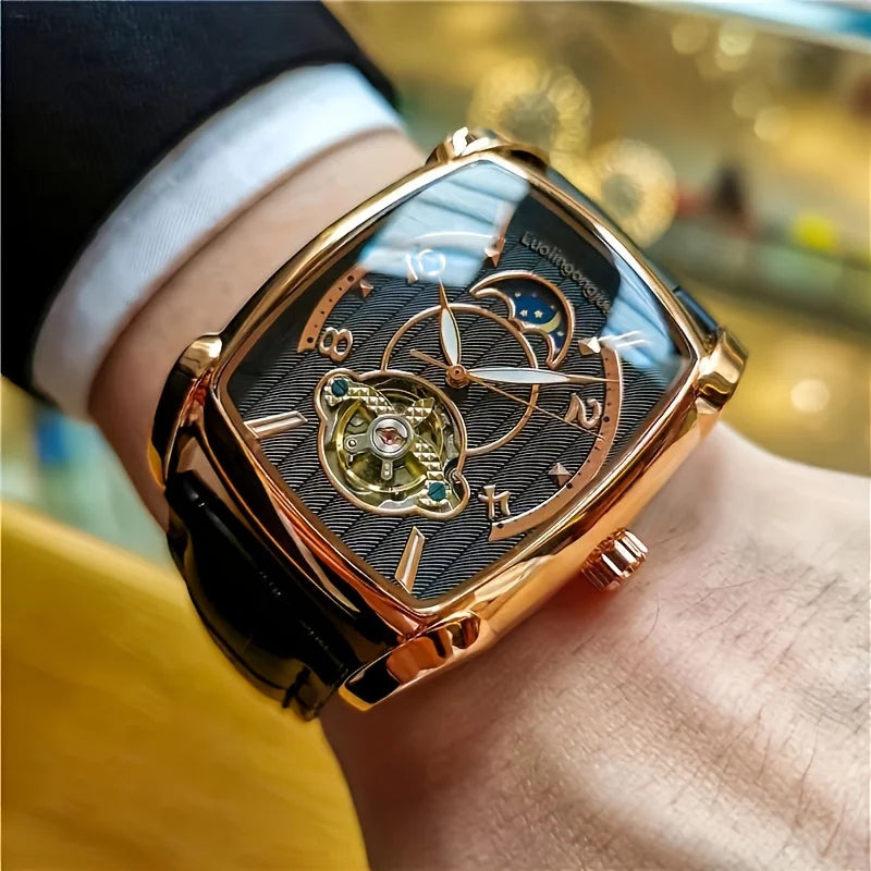 [Luxury Tourbillon Mechanical Watch] Lightweight Luxury Tourbillon Mechanical Watch for Men - Fully Automatic High-End Fashion Trend Skeleton Business Casual Men's Watch - Sun, Moon, Stars, Barrel Shape, Large Dial, Best Gift