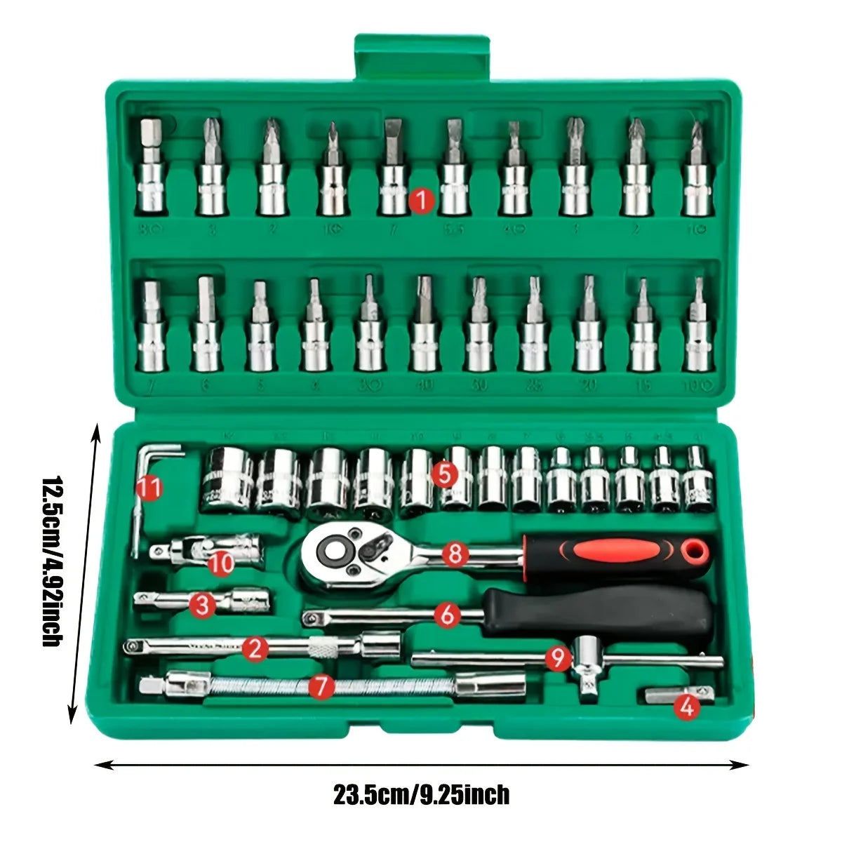 Advanced Car Repair Kit , Green Toolbox, 46pcs Professional Ratchet Set Professional Tool Set, Car Maintenance Essentials