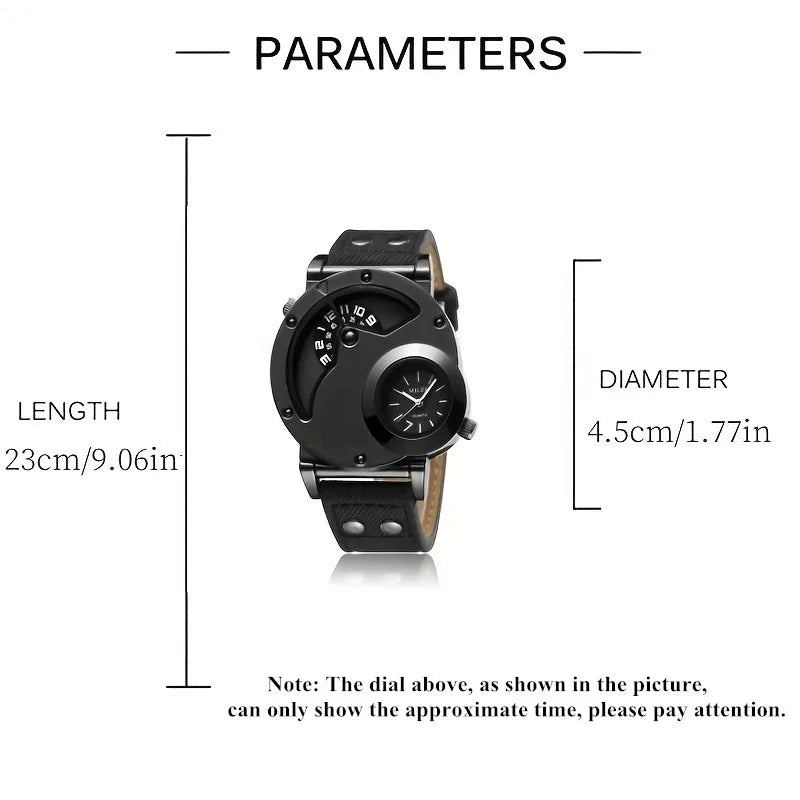 Luxury Men's Quartz Watch - Large Dual Dial Numerals, with Blue or Black Bronze Faux Leather Strap, Alloy Case, Non-Waterproof,