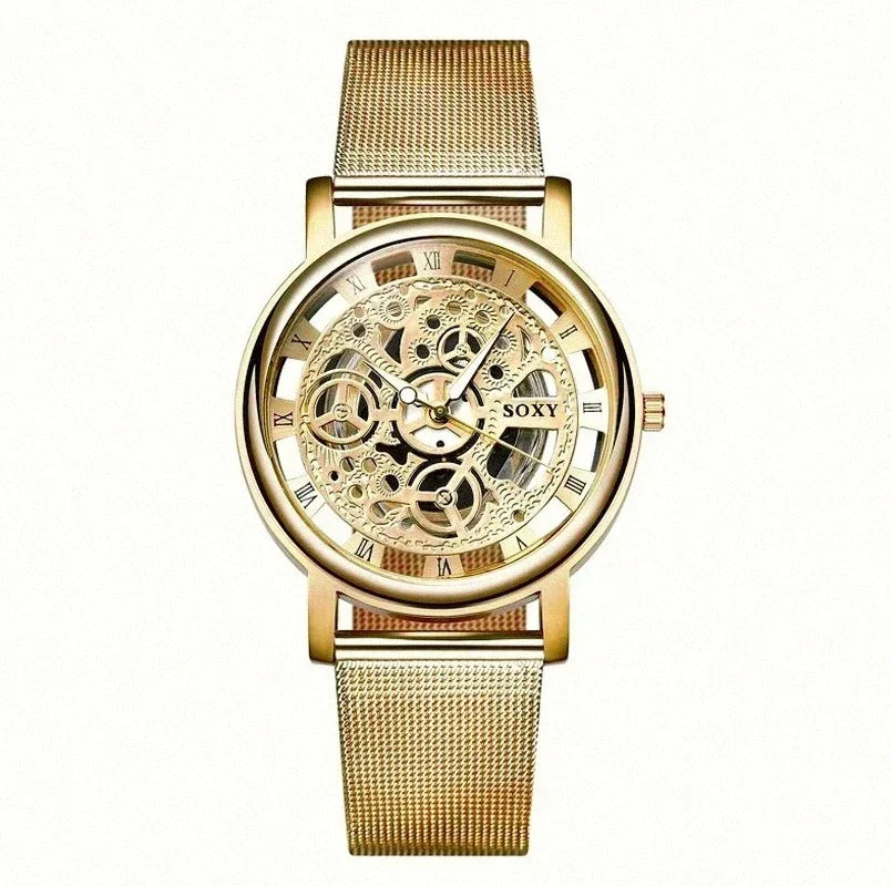 Luxury Skeleton Men Watch Women Wrist Watches Fashion Montre Homme Gold Wrist Watch Men Steel Mesh Men's Watch