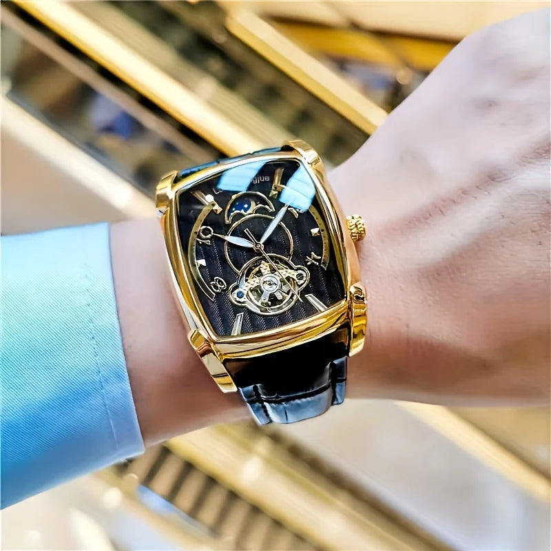 [Luxury Tourbillon Mechanical Watch] Lightweight Luxury Tourbillon Mechanical Watch for Men - Fully Automatic High-End Fashion Trend Skeleton Business Casual Men's Watch - Sun, Moon, Stars, Barrel Shape, Large Dial, Best Gift