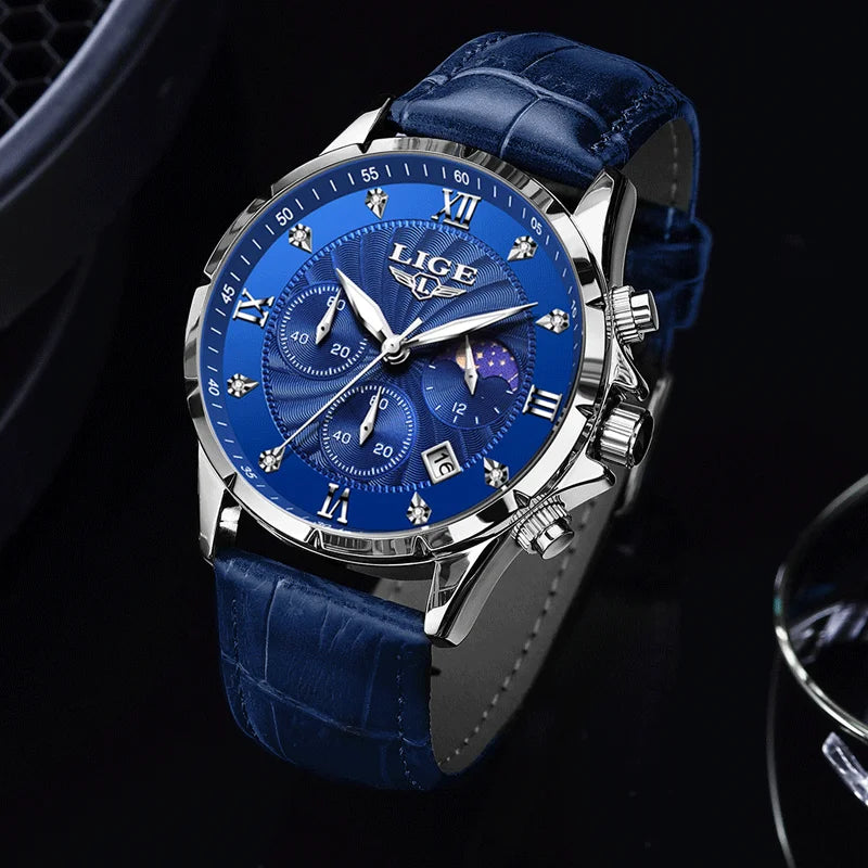 LIGE Fashion Mens Watches Top Brand Luxury Business Quartz Man Wristwatch Luminous Chronograph Leather Watch for Men+Box
