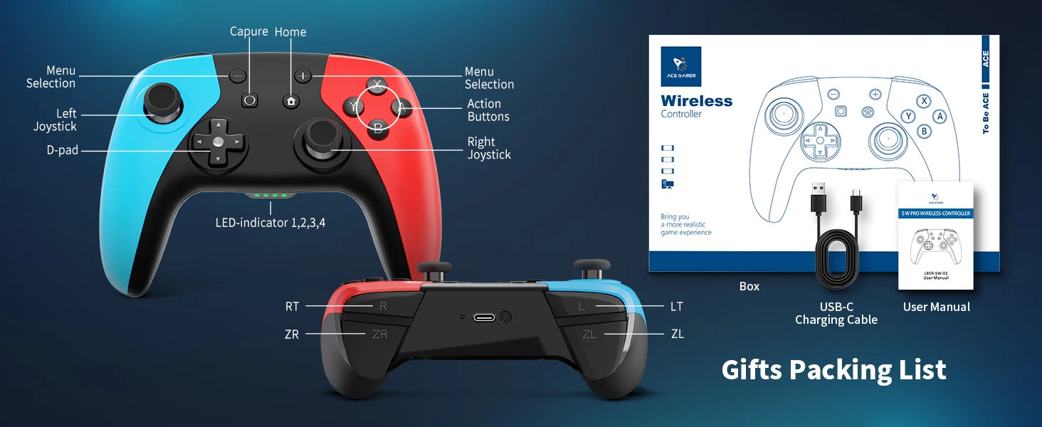 AceGamer Wireless Controller for Switch/Lite/OLED/PC Hall Effect Joystick for Switch 2 with Wake-Up/Turbo/Vibration/Programmable