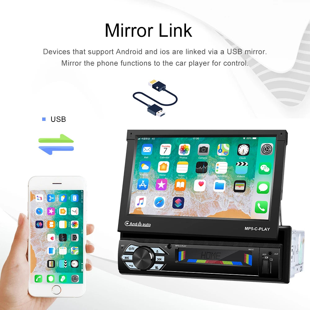 LeeKooLuu 1 Din Autoradio CarPlay&Android Auto 7'' Retractabe Screen Auto Flip-out Car Multimedia MP5 Player 1Din Stereo
