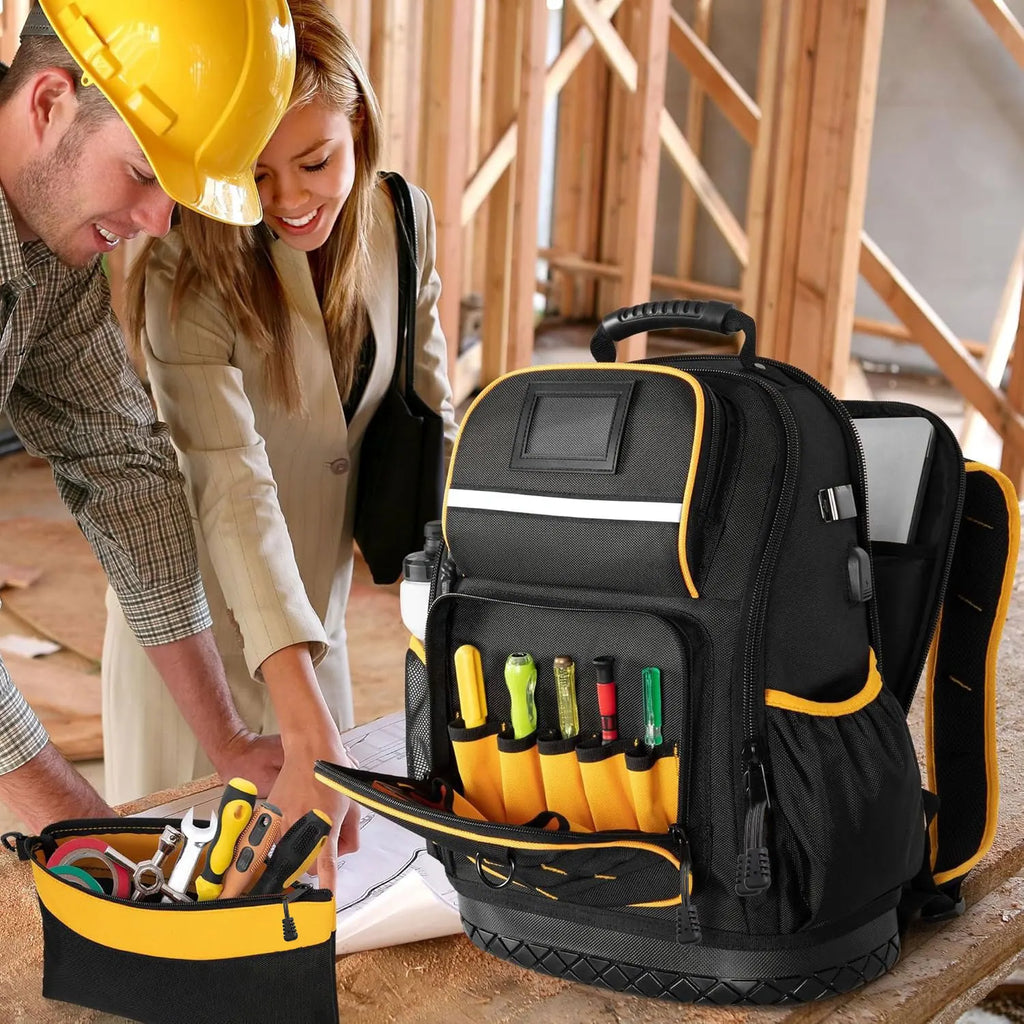 Tool Backpack Hard Bottom Tool Pouch Heavy Duty Tool Bag Organizer Rubber Base Electrician Plumber Maintenance Worker Tool Bags