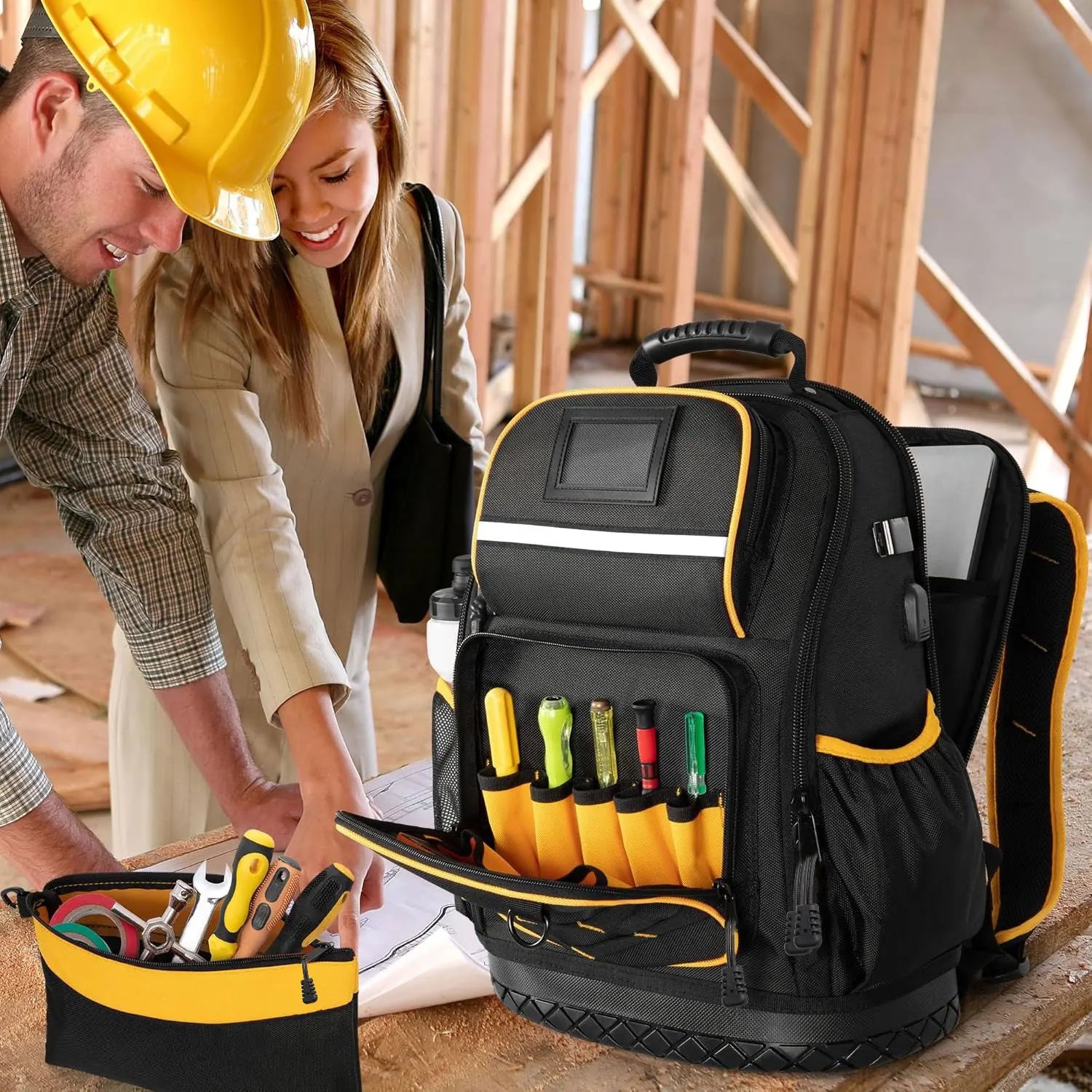 Tool Backpack Hard Bottom Tool Pouch Heavy Duty Tool Bag Organizer Rubber Base Electrician Plumber Maintenance Worker Tool Bags