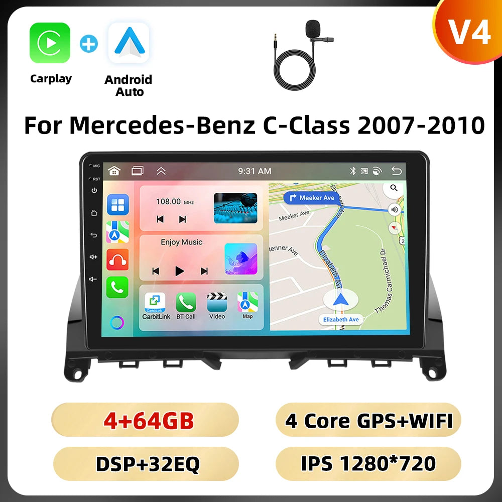 Podofo 2Din 9 ''Car Radio For Mercedes-Benz C-Class W204 S204 2007-2010 Multimedia Player GPS Carplay Android Car DSP BT RDS