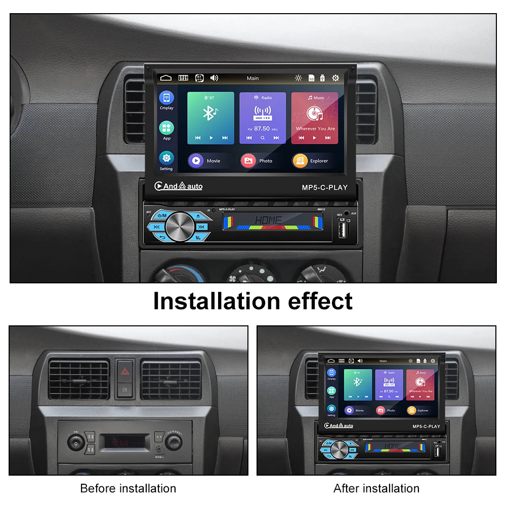 LeeKooLuu 1 Din Autoradio CarPlay&Android Auto 7'' Retractabe Screen Auto Flip-out Car Multimedia MP5 Player 1Din Stereo