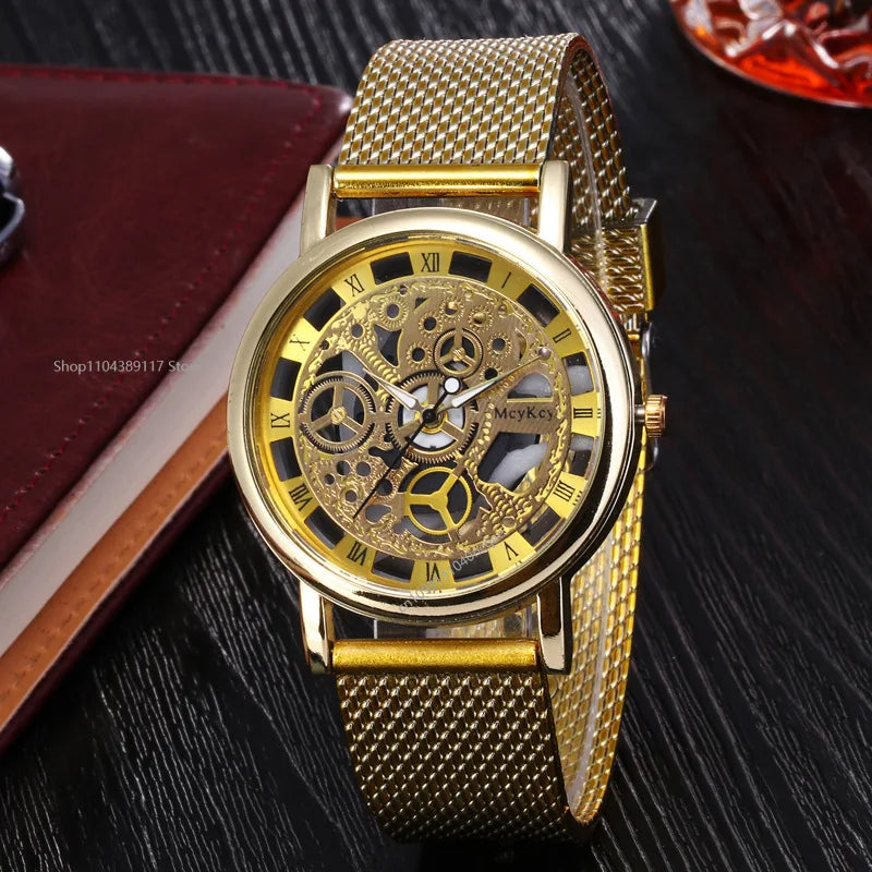 Luxury Skeleton Men Watch Women Wrist Watches Fashion Montre Homme Gold Wrist Watch Men Steel Mesh Men's Watch