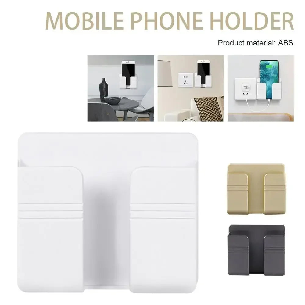 Paste Wall Mounted Mobile Phone Holder Punch Free Storage Box TV Remote Control Cell Phone Plug Charging Support Phone Stand