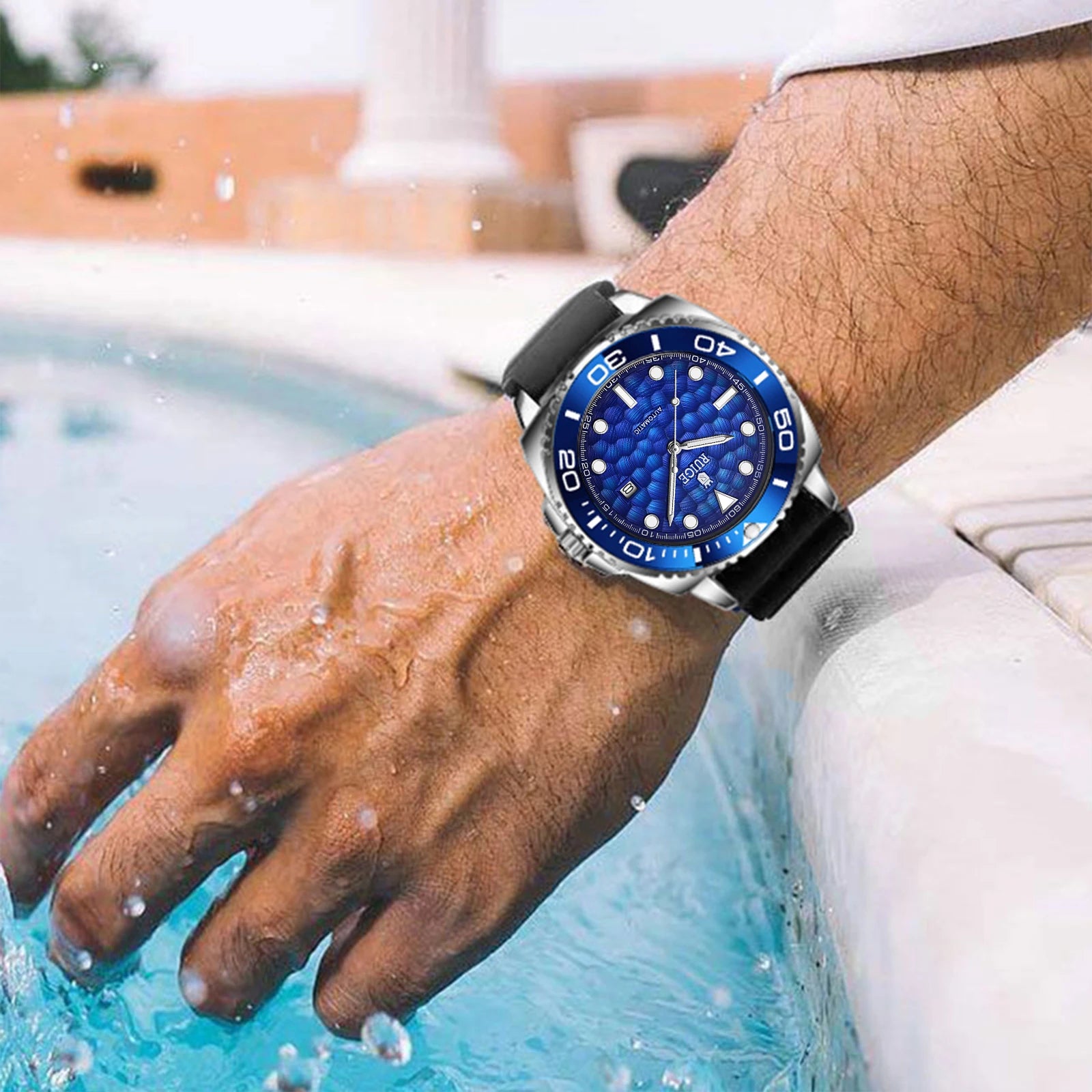 Luxury Automatic Mechanical Men's Watch - Blue Ocean Design, Transparent Skeletonized Dial - Elegantly Business-Fashionable Time