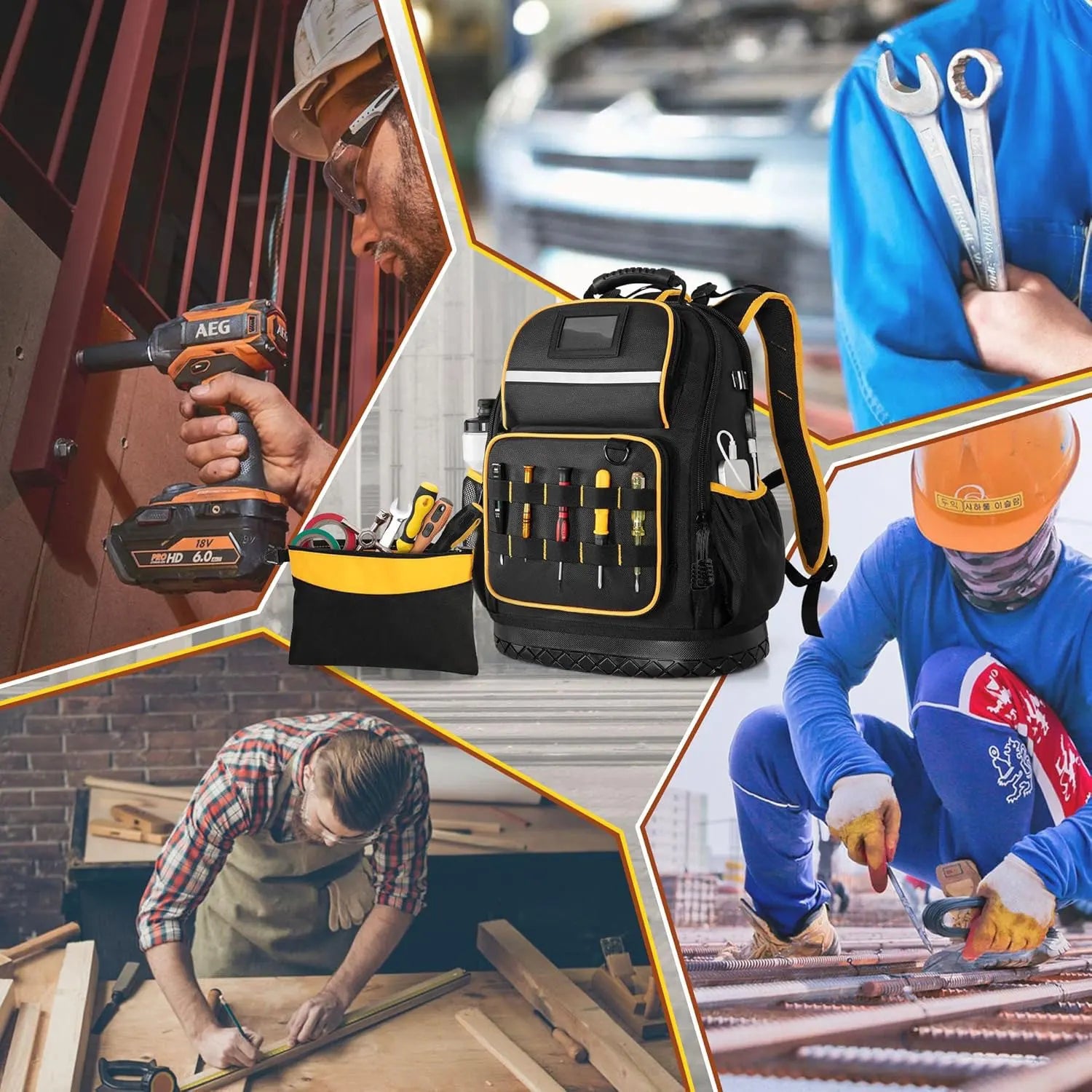 Tool Backpack Hard Bottom Tool Pouch Heavy Duty Tool Bag Organizer Rubber Base Electrician Plumber Maintenance Worker Tool Bags