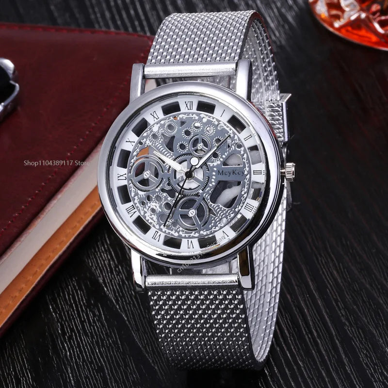 Luxury Skeleton Men Watch Women Wrist Watches Fashion Montre Homme Gold Wrist Watch Men Steel Mesh Men's Watch
