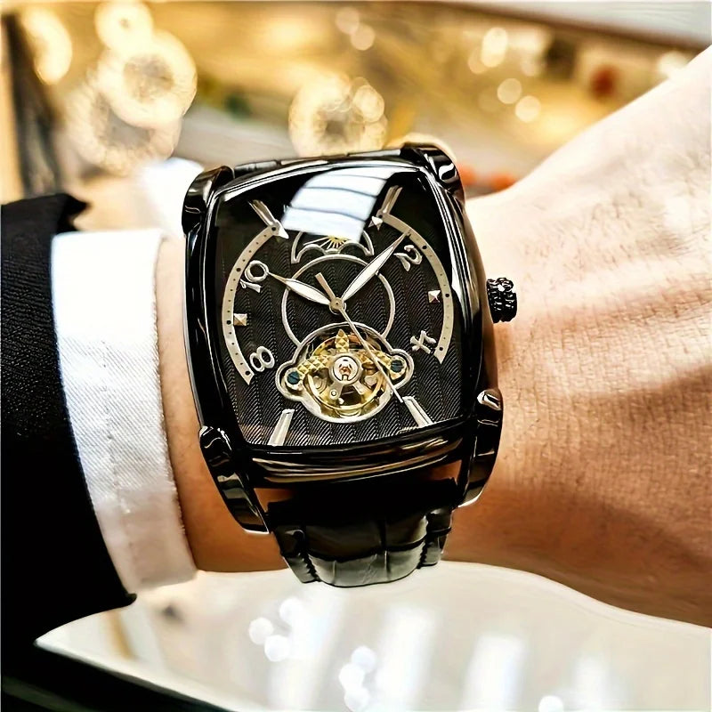 [Luxury Tourbillon Mechanical Watch] Lightweight Luxury Tourbillon Mechanical Watch for Men - Fully Automatic High-End Fashion Trend Skeleton Business Casual Men's Watch - Sun, Moon, Stars, Barrel Shape, Large Dial, Best Gift