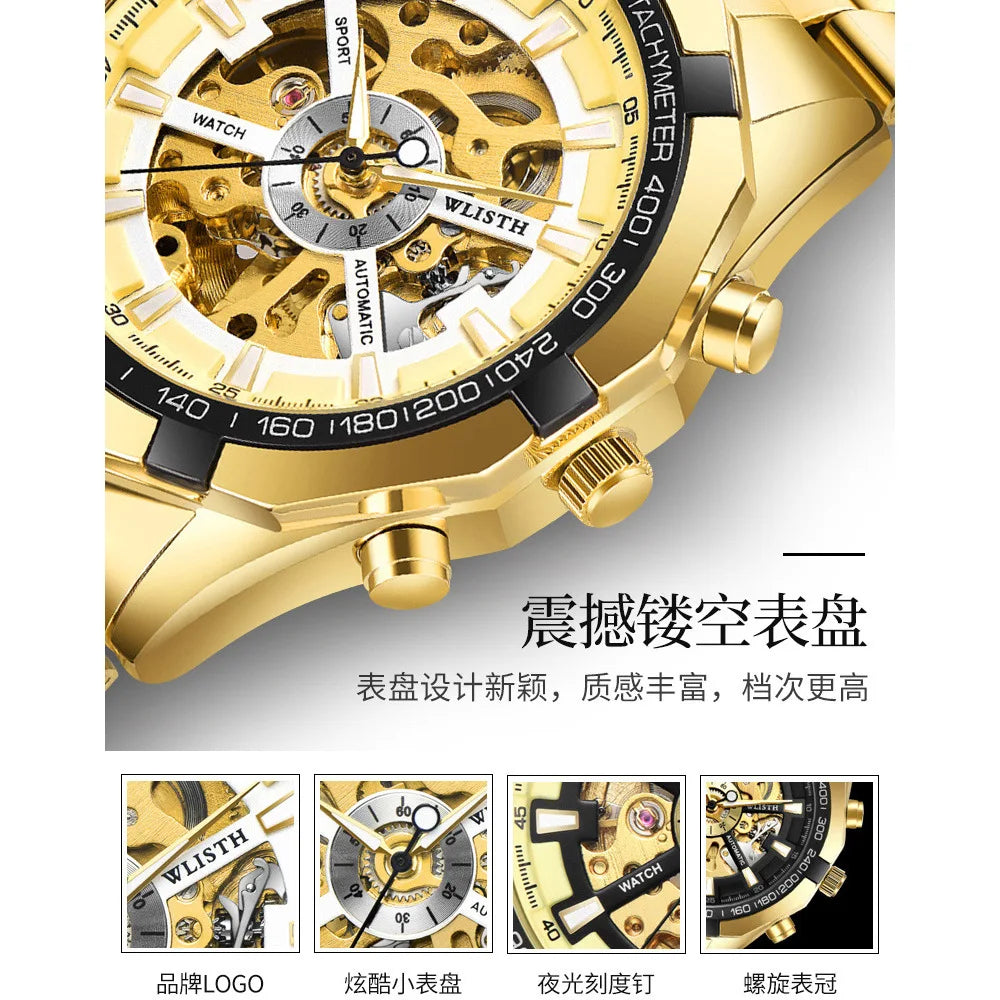 Luxury Men’s Skeleton Mechanical Watch, Large Dial Sport Style, Automatic Movement, Waterproof Luminous Wristwatch