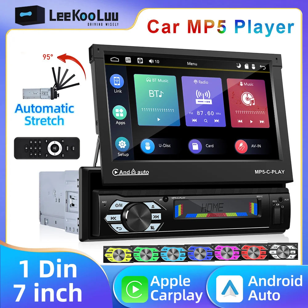 LeeKooLuu 1 Din Autoradio CarPlay&Android Auto 7'' Retractabe Screen Auto Flip-out Car Multimedia MP5 Player 1Din Stereo