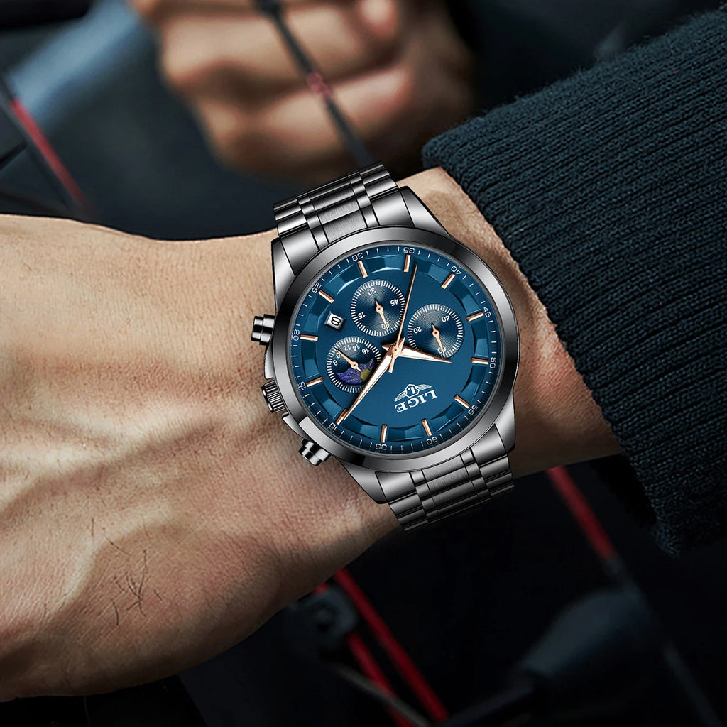 LIGE 2025 brand luxury Men's watches Business Luminous Waterproof Calendar Moon phase quartz watches for men relogios masculino