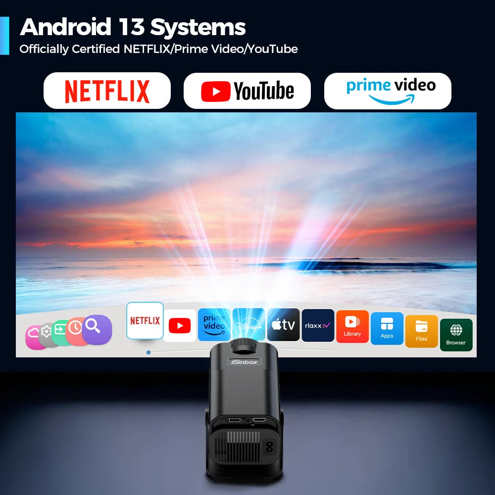 iSinbox Netflix Officially Licensed Android 13 NTV Projector 1080P Support 4K 320ANSI Dual WiFi BT5.3 Portable Projector HY320AA