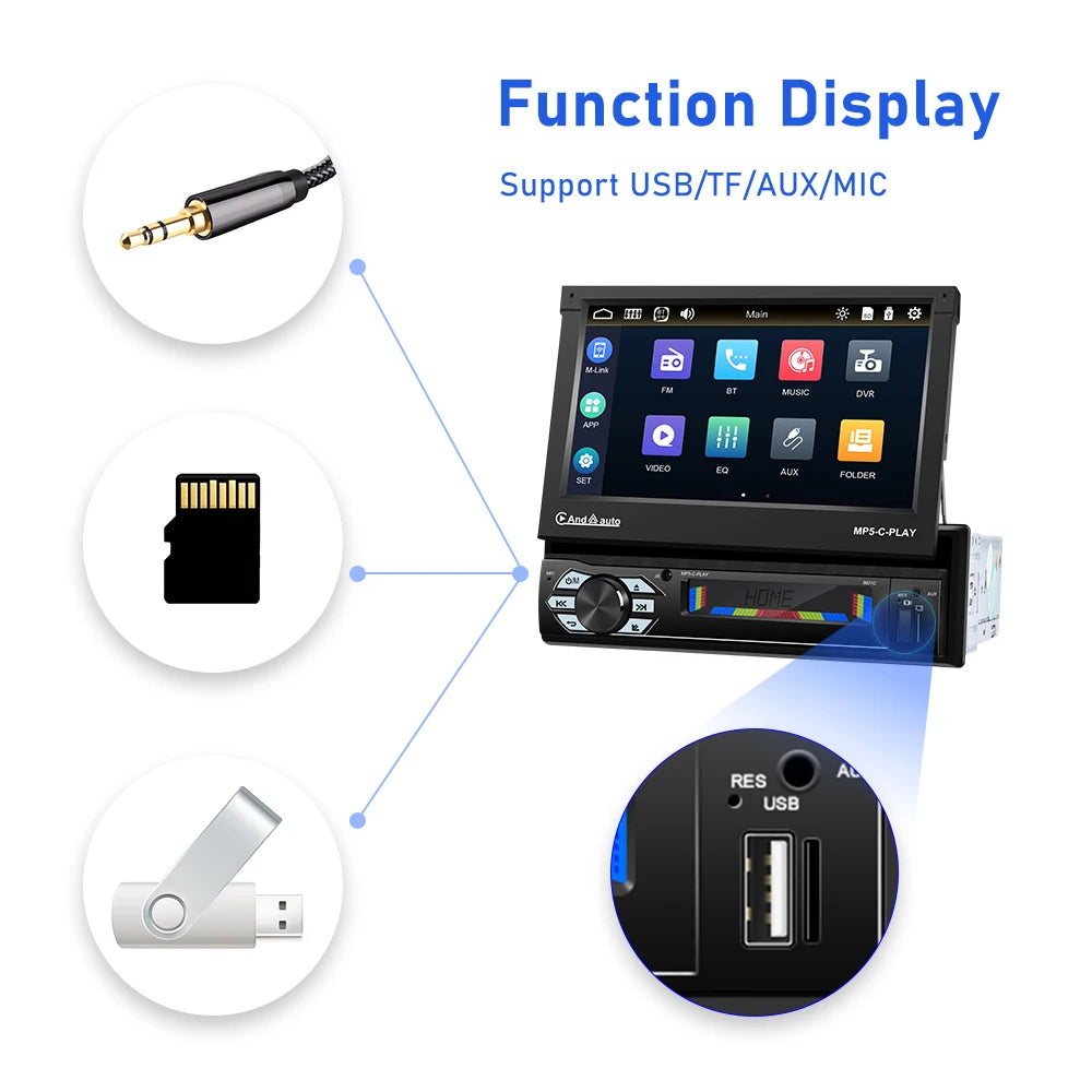 LeeKooLuu 1 Din Autoradio CarPlay&Android Auto 7'' Retractabe Screen Auto Flip-out Car Multimedia MP5 Player 1Din Stereo