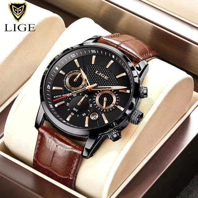 2025 New Mens Watches LIGE Top Brand Luxury Leather Casual Quartz Watch Men's Sport Waterproof Clock Watch Relogio Masculino+Box